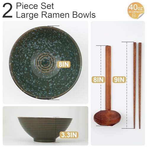 8 Inch Ceramic Ramen Bowl Set of 2 (Jade Green)