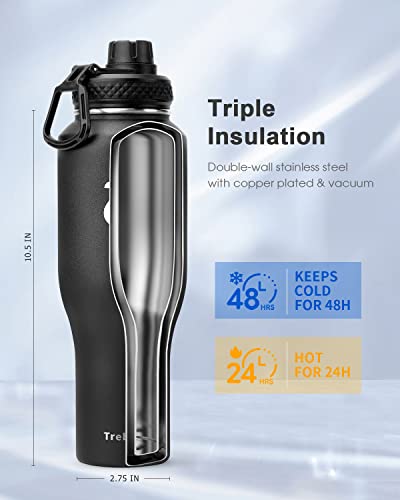 40 oz Water Bottle Insulated Fit in Any Car Cup Holder with 2 Lids (40 Ounces / Black)