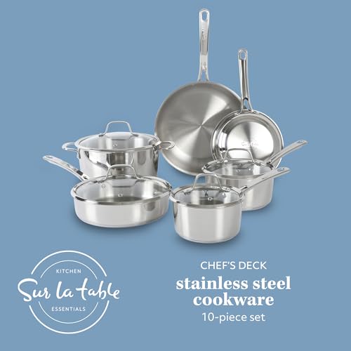 Kitchen Essentials Chef's Deck 10 Piece Stainless Steel Non Toxic Pots and Pans Kitchen Cookware Set w