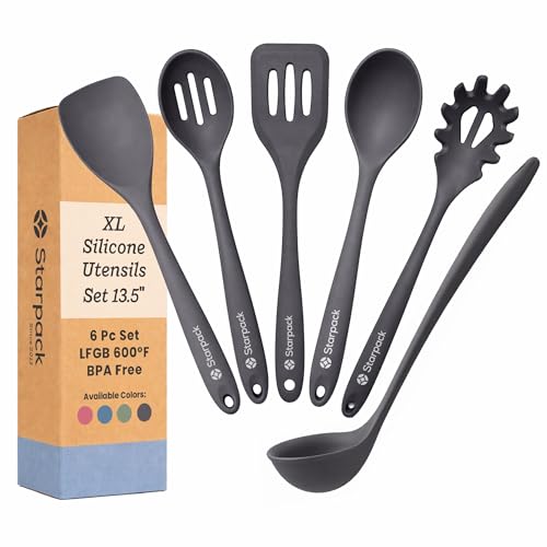 Starpack Like a Boss XL Silicone Cooking Utensils Set (Gray/Black / XL Size Set of 6, 13")