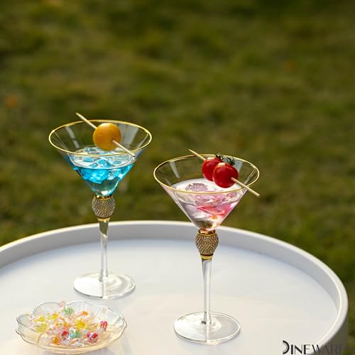 2 Piece Premium Clear Stem Crystal Martini Glasses with Gold Rim and Diamond