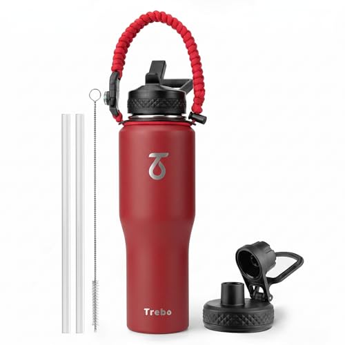 32 oz Water Bottle Insulated Fits in Any Car Cup Holder with 2 Lids (32 Ounces / Red)