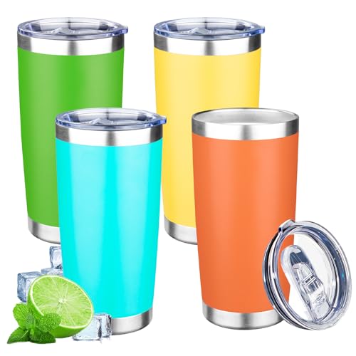 20oz Tumbler with Lid Double Wall Vacuum Insulated Travel Coffee Mug Stainless Steel Thermal Cup Powder Coated Sturdy Coffee Tumbler Bulk for Hot and Cold Beverages (20 Ounces (4 Pack) / Green-Teal-Orange-Yellow)