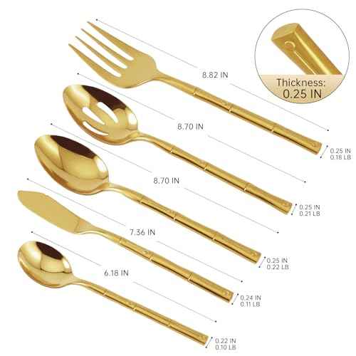 Silverware Serving Set Gold Flatware Set Stainless Steel Bamboo Handle Cutlery Set Mirror Polished 65 Pieces for Home Kitchen Restaurant Hotel Wedding Housewarming Gift Service for 12