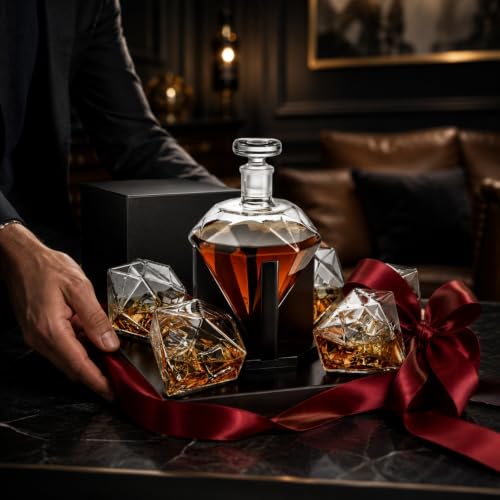 Luxury Diamond Whiskey Decanter Set with 4 Matching Glasses & Mahogany Wood Base