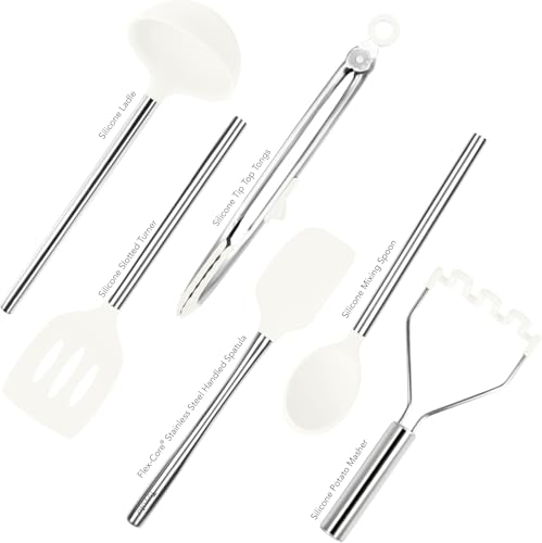 Silicone Cooking Utensil Set of 6 Stainless Steel Handle Ladle Slotted Turner Tongs Flex Core Spatula Scraper Mixing Spoon & Potato Masher (White)