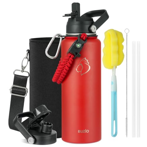 40 oz Insulated Water Bottle with Paracord Handle & Straw Spout Lids (40 Ounces / Red)
