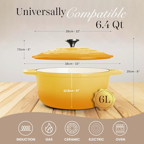 Enamelled Cast Iron Dutch Oven Pot with Lid 6.4 Quart Non Stick Casserole Pot