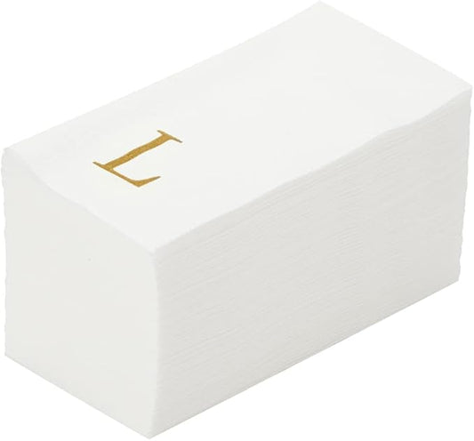 Luxenap 15.8 X 7.9 Inch Linen-Feel Guest Towels, 50 Lettered Hand Towels - Gold Letter 'L', Sans Serif Font, White Paper Dinner Napkins, airlaid, For Restrooms And Tables