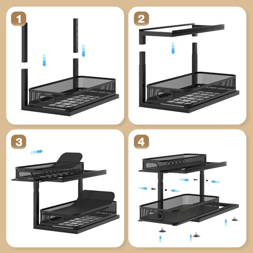 1 Pack 16"D Under Sink Storage Organizer with 2 (Black / 1 Pack-15.4"Dx11.8"-16.7"H)