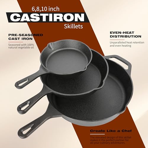 Cast Iron Skillet 3 (6"/8"/10" Cast Iron Skillet Set)