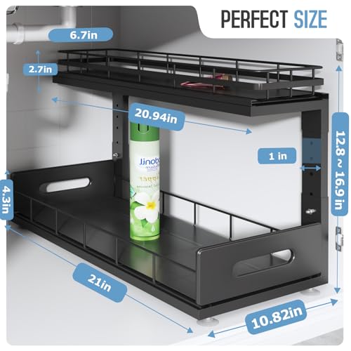 Under Sink Organizer Upgrade To Professional Rails (Black / 2 Pack-21"Dx12.8"-16.9"H)