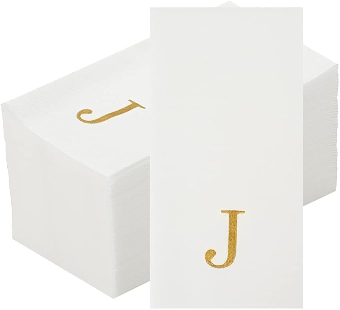 Luxenap 15.8 X 7.9 Inch Linen-Feel Guest Towels, 50 Lettered Hand Towels - Gold Letter 'J', Sans Serif Font, White Paper Dinner Napkins, airlaid, For Restrooms And Tables