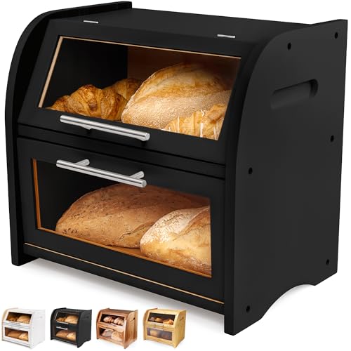 Arise Bamboo Wooden Bread Box for Kitchen Countertop (Black)