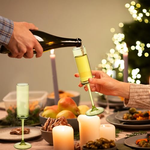 24 Pieces Green Champagne Flutes 6 OZ Straight Sided Wine Glasses Champagne Long Stem Drinking Colored Glasses (24 Count)