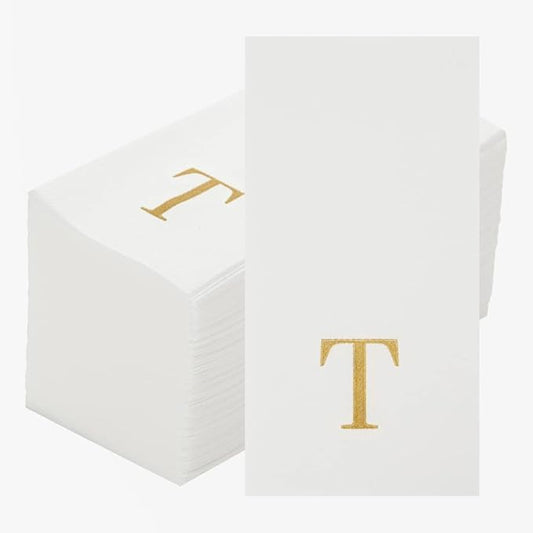Luxenap 15.8 X 7.9 Inch Linen-Feel Guest Towels, 2000 Lettered Hand Towels - Gold Letter 'T', Sans Serif Font, White Paper Dinner Napkins, airlaid, For Restrooms And Tables