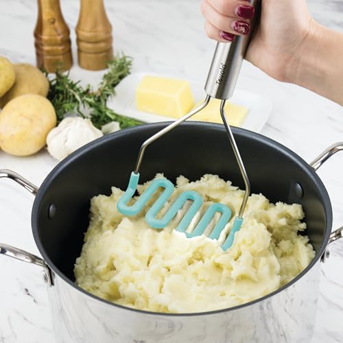 Silicone Cooking Utensil Set of 6 Stainless Steel Handle Ladle Slotted Turner Tongs Flex Core Spatula Scraper Mixing Spoon & Masher (Aqua)