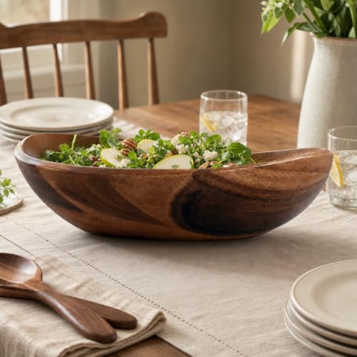 Wave Pattern Large Acacia Wood Salad Bowl (4" Tall x 12" Wide x 19" Long)