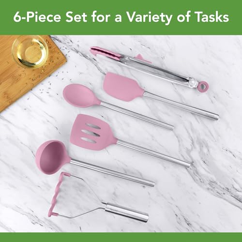 Silicone Cooking Utensil Set of 6 Pink Sorbet Ladle Slotted Turner Tongs Flex Core Spatula Scraper Mixing Spoon and Potato Masher (Pink Sorbet)