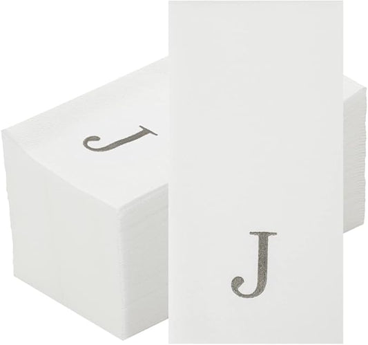 Luxenap 15.8 X 7.9 Inch Linen-Feel Guest Towels, 50 Lettered Hand Towels - Silver Letter 'J', Sans Serif Font, White Paper Dinner Napkins, airlaid, For Restrooms And Tables - Restaurantware