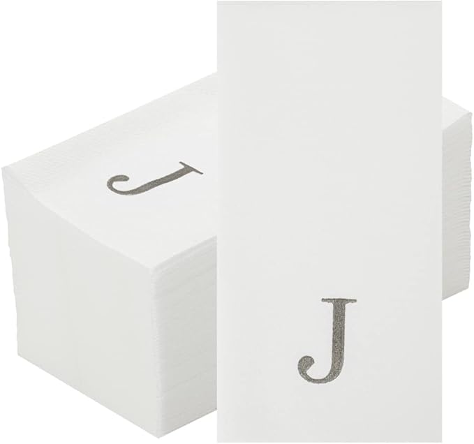 Luxenap 15.8 X 7.9 Inch Linen-Feel Guest Towels, 50 Lettered Hand Towels - Silver Letter 'J', Sans Serif Font, White Paper Dinner Napkins, airlaid, For Restrooms And Tables - Restaurantware