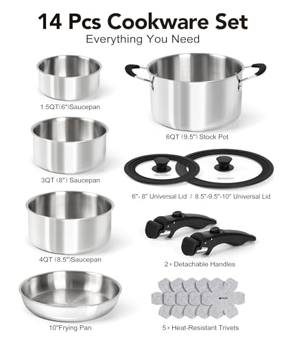 14pcs Tri Ply Stainless Steel Cookware Set with Detachable Handles