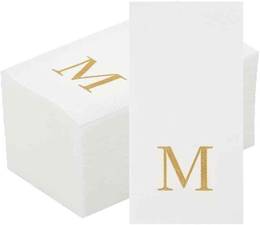 Luxenap 15.8 X 7.9 Inch Linen-Feel Guest Towels, 50 Lettered Hand Towels - Gold Letter 'M', Sans Serif Font, White Paper Dinner Napkins, airlaid, For Restrooms And Tables