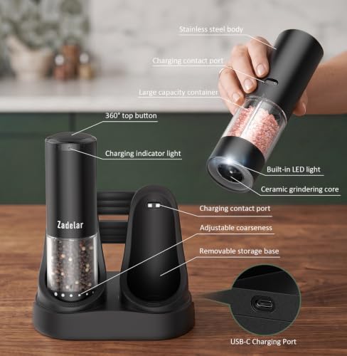 Electric Rechargeable Salt and Pepper Grinder Set (Black)