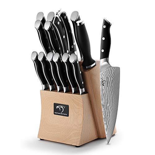 15 Piece Damascus Kitchen Knife Set with Beechwood Block