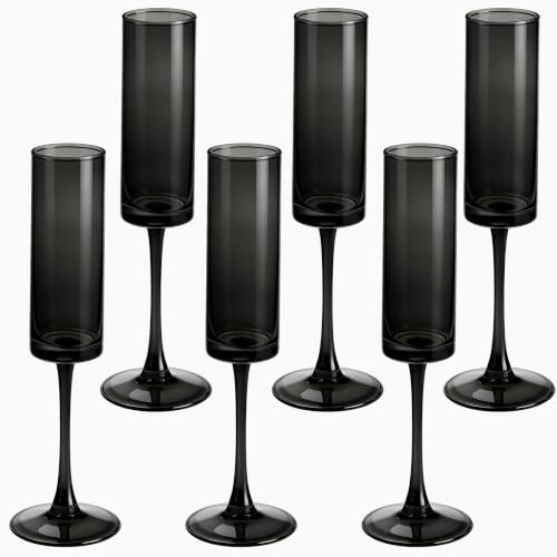 6 Pieces Black Champagne Flutes 6 OZ Straight Sided Wine Glasses Champagne Long Stem Drinking Colored Glasses (6 Count)