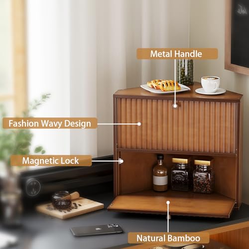 Corner Bread Box for Kitchen Countertop Bamboo Two Layer Large Capacity Bread Storage Bin Vintage Storage for Homemade Bread (Brown)