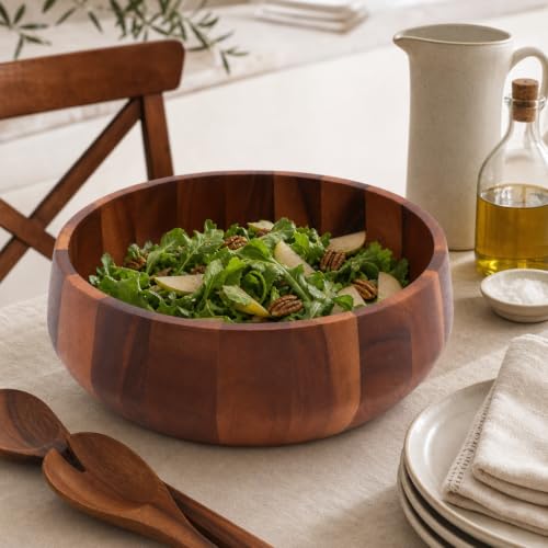 Modern Round Acacia Wood Serving Bowl for Fruits and Salads 4.5" H x 11" Diameter (4.5" Tall x 11" Diameter)