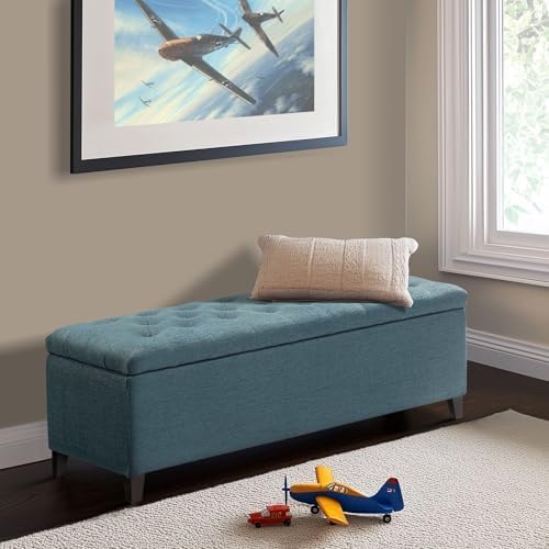 Madison Park Entryway Accent Bench for Living Room Flip Top Storage Chest, Shandra Tufted Top Upholstered Storage Bench End of Bed for Bedroom Furniture, Indoor Seating, 49"Wide, Blue