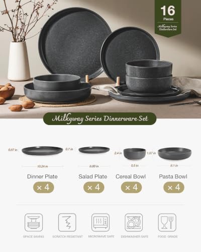 Milkyway 16 Piece Stoneware Dinnerware Set (Matte Dark Charcoal / Service for 4 (Include Pasta Bowls))
