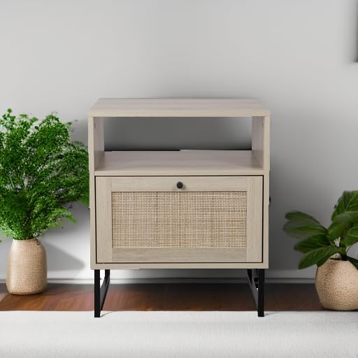 Mina Rattan Wood End Side Accent Table Nightstand with Storage for Living Room or Bedroom