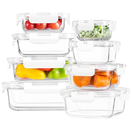 8 Pack Glass Food Storage Containers with Snap Locking Lids for Meal Prep (White / 8 Pack)