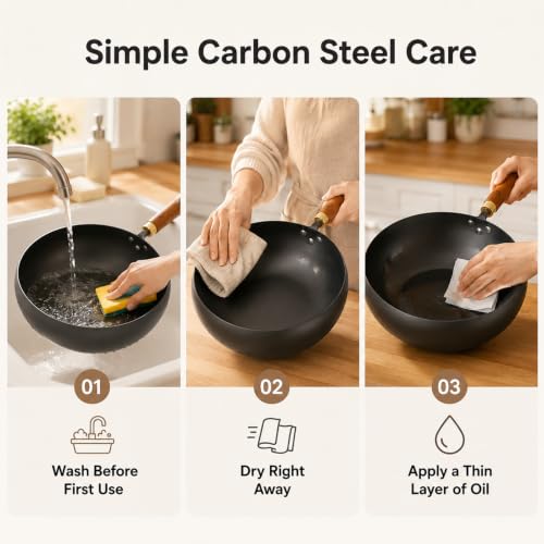 9.5 Inch Carbon Steel Wok with Lid (9.5 INCH)