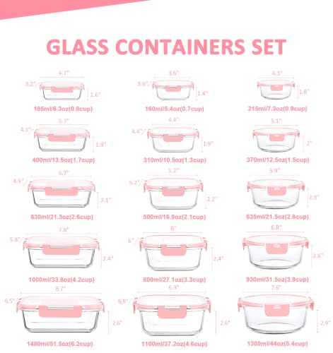 30 Pieces Glass Food Storage Containers Set (Pink / 15 Pack)