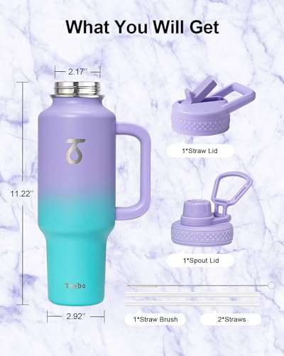 Insulated Water Bottle 40 oz Fits in Car Cup Holder with Side Handle (40 Ounces / Purple green)