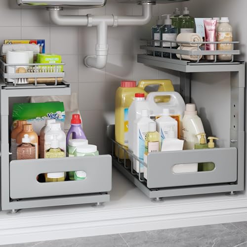 Under Sink Organizer Upgrade To Professional Rails (Gun Gray / 2 Pack-14.5"Dx12.8"-16.9"H)