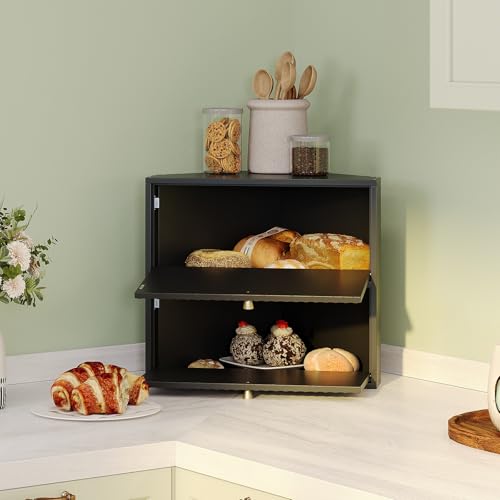 Corner Bread Box for Kitchen Countertop Bamboo Two Layer Large Capacity Bread Storage Bin Vintage Storage for Homemade Bread (Black)
