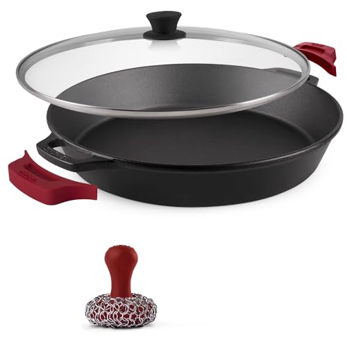 Cast Iron Skillet + Glass Lid + Red Chainmail Scrubber (Dual Handle Skillet + Glass Lid / 15")