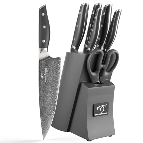 7 Piece Damascus Knife Set with Block (7 Count)