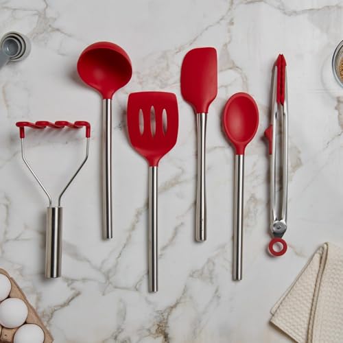 Silicone Cooking Utensil Set of 6 Stainless Steel Handle Ladle Slotted Turner Tongs Flex Core Spatula Scraper Mixing Spoon & Potato Masher (Cayenne)