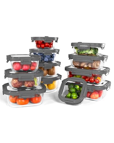 12 Pack Glass Containers with Tempered Lids (Tempered Lids Gray / 12 mixed sizes)