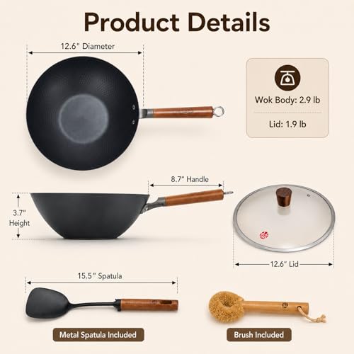 Lightweight Carbon Steel Wok Pan with Lid (bk-12.6")