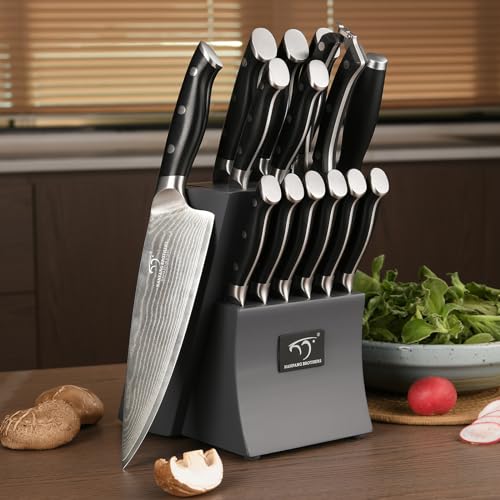 15PCS Damascus Chef Kitchen Knife Set with Block