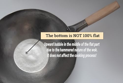 Flat Hand Hammered Carbon Steel Pow Wok with Wooden and Steel Helper Handle (14-inch)