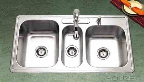 Houzer Stainless Steel PGT-4322-1 Premiere Gourmet Series - Topmount 4-Hole Triple Bowl Kitchen Sink, Premium Corrosion Resistant Quality, Ideal for Kitchen and Bar Use, Includes 2 Basket Strainers