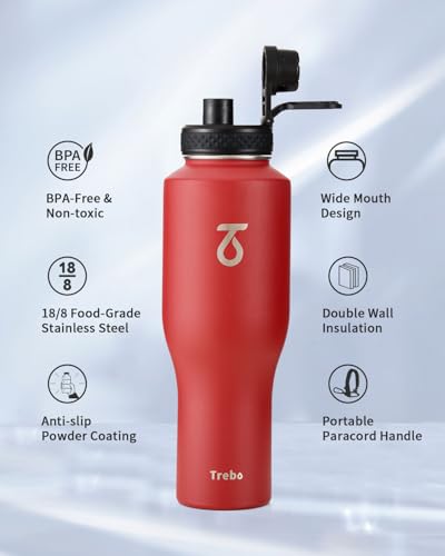 40 oz Water Bottle Insulated Fit in Any Car Cup Holder with 2 Lids (40 Ounces / Red)